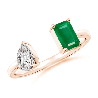 6x4mm AA Two-Stone Emerald-Cut Emerald & Pear Diamond Open Ring in Rose Gold