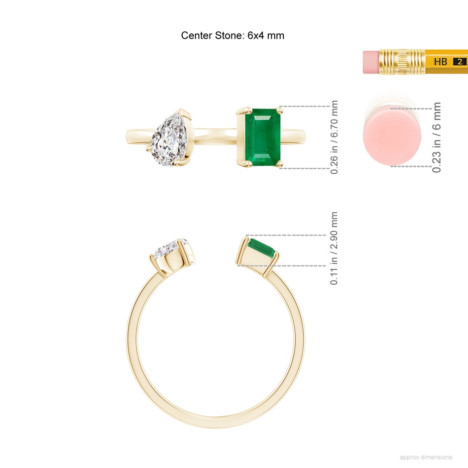 6x4mm AA Two-Stone Emerald-Cut Emerald & Pear Diamond Open Ring in Yellow Gold ruler
