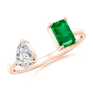 6x4mm AAA Two-Stone Emerald-Cut Emerald & Pear Diamond Open Ring in 10K Rose Gold