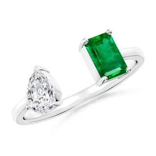 6x4mm AAA Two-Stone Emerald-Cut Emerald & Pear Diamond Open Ring in White Gold