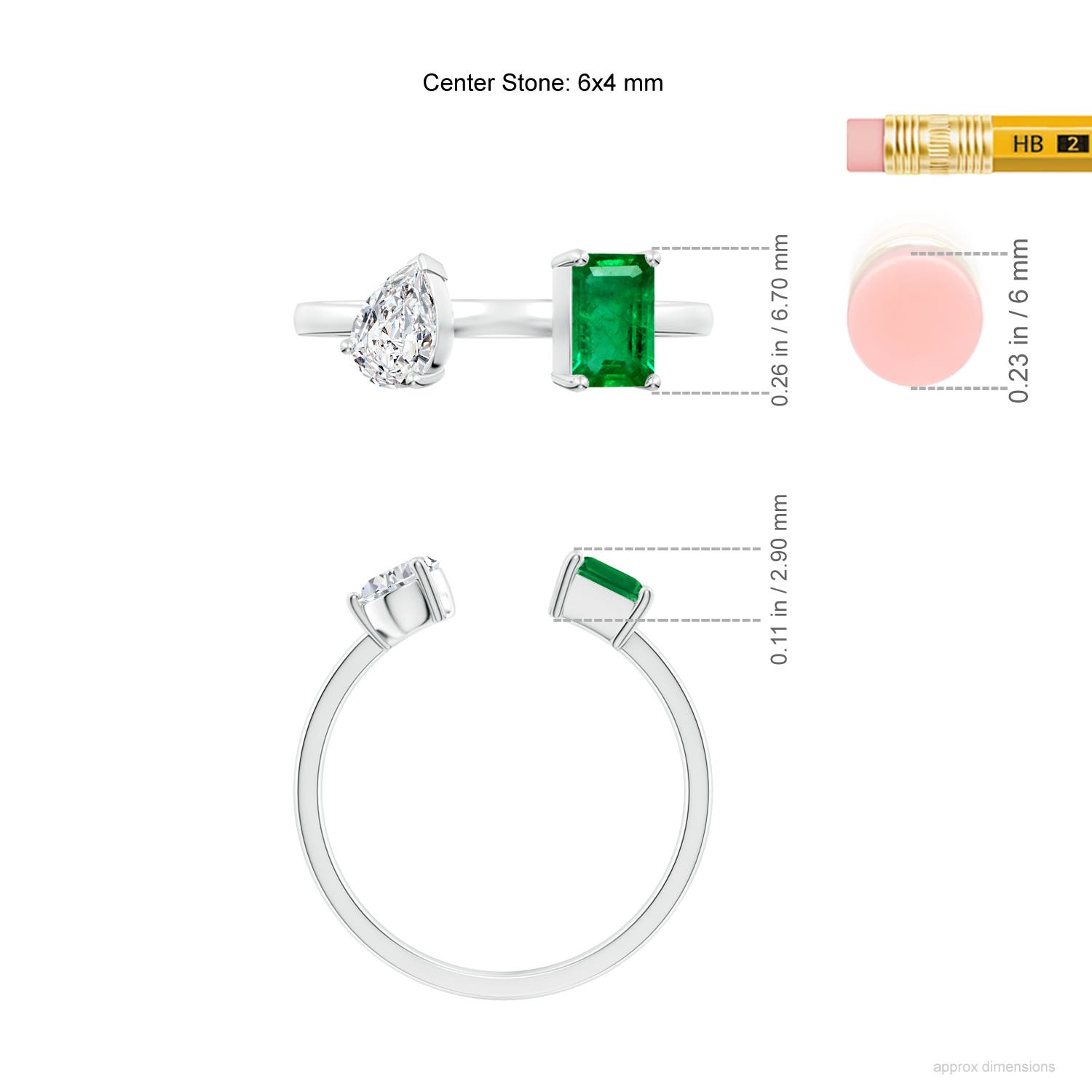 6x4mm AAA Two-Stone Emerald-Cut Emerald & Pear Diamond Open Ring in White Gold - ruler
