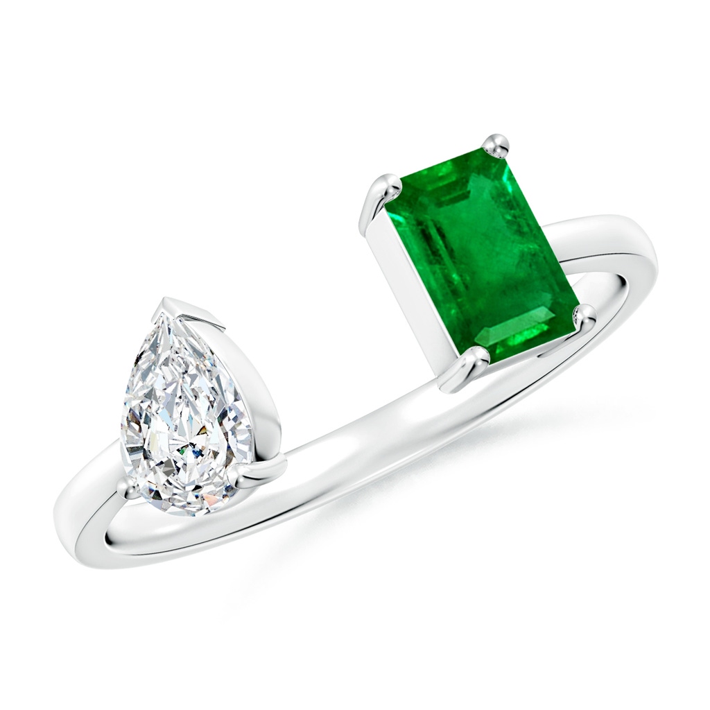 6x4mm AAAA Two-Stone Emerald-Cut Emerald & Pear Diamond Open Ring in S999 Silver