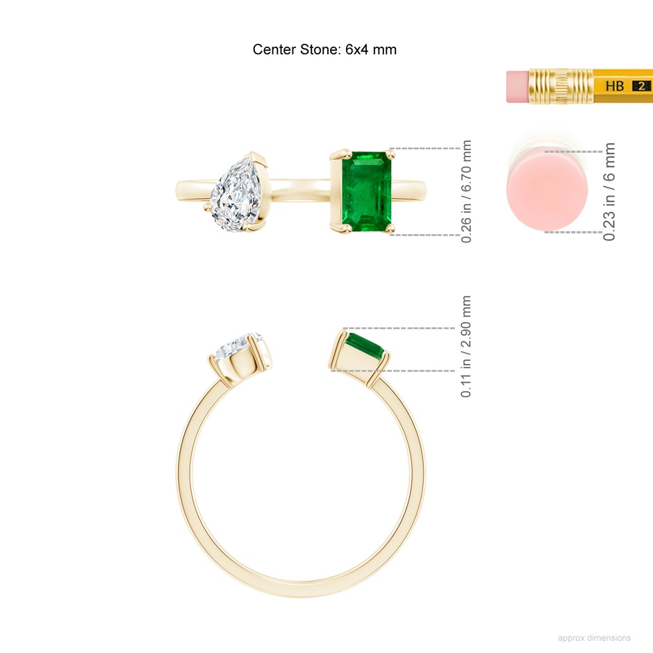 6x4mm Lab-Grown Two-Stone Emerald-Cut Emerald & Pear Diamond Open Ring in Yellow Gold ruler