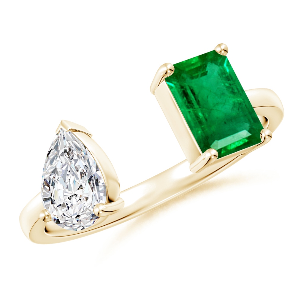 7x5mm AAA Two-Stone Emerald-Cut Emerald & Pear Diamond Open Ring in Yellow Gold