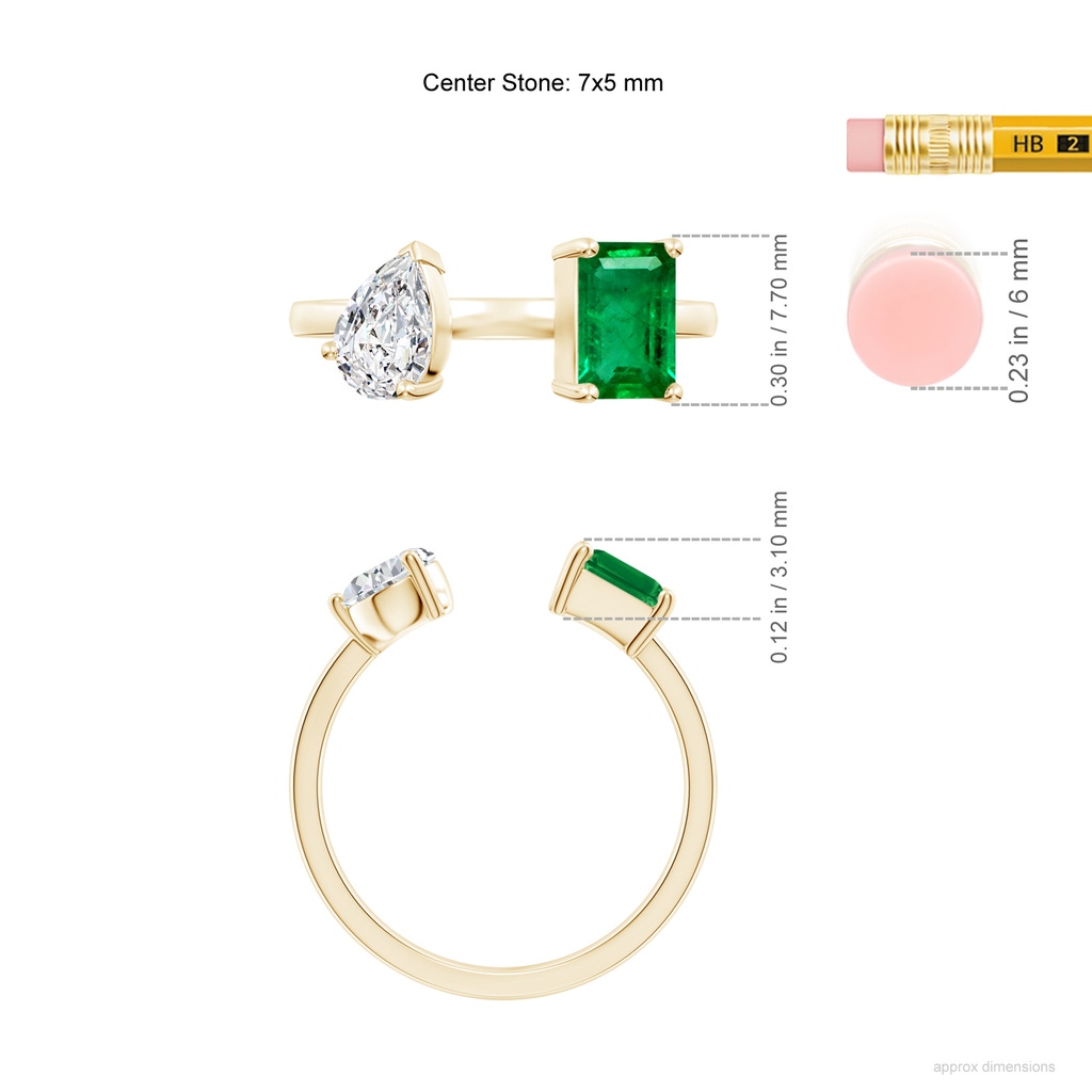 7x5mm AAA Two-Stone Emerald-Cut Emerald & Pear Diamond Open Ring in Yellow Gold ruler