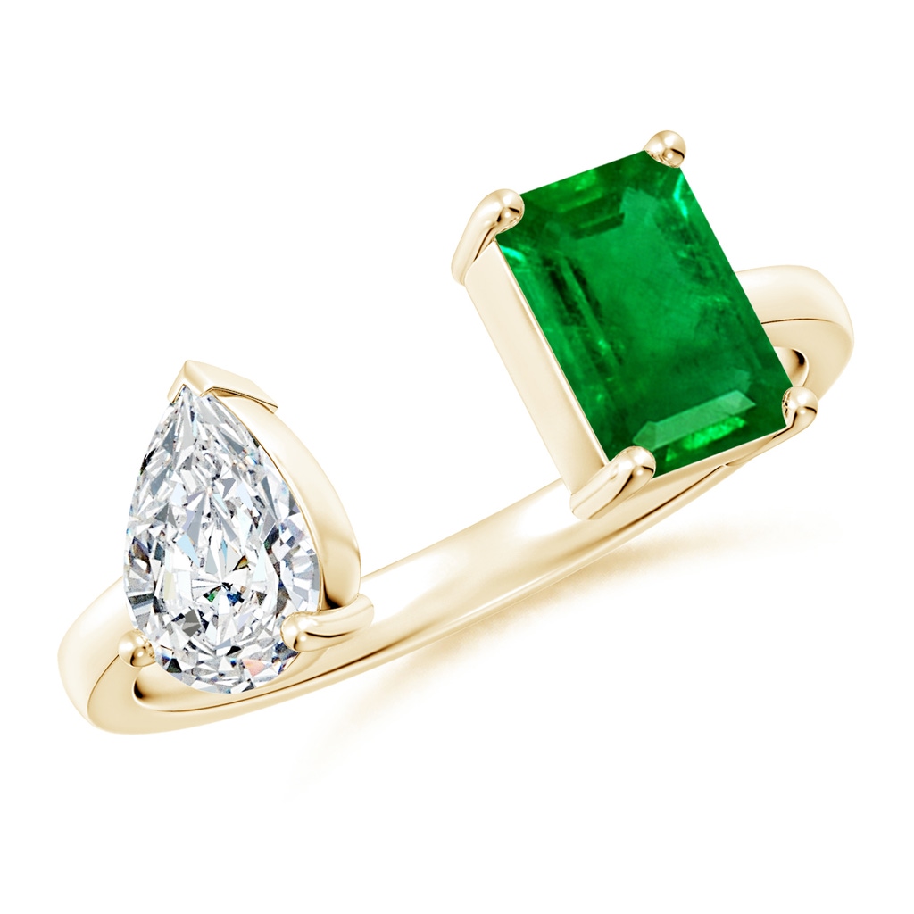 7x5mm AAAA Two-Stone Emerald-Cut Emerald & Pear Diamond Open Ring in Yellow Gold