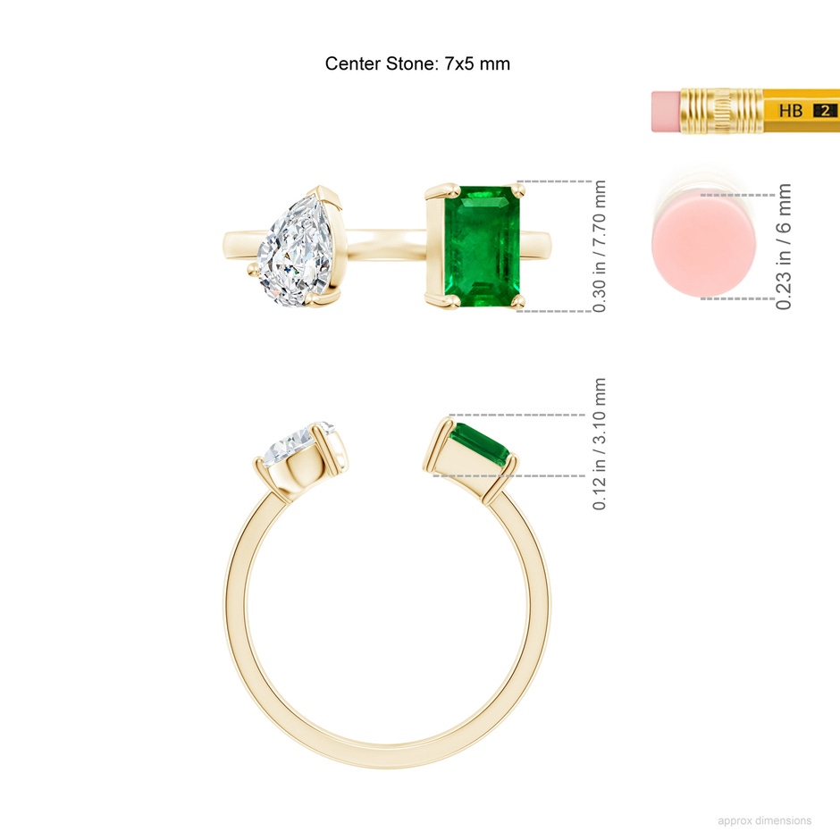 7x5mm Lab-Grown Two-Stone Emerald-Cut Emerald & Pear Diamond Open Ring in Yellow Gold ruler