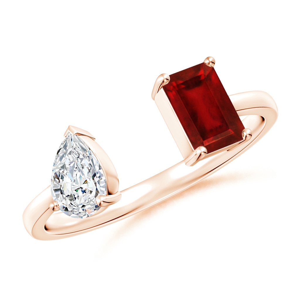 6x4mm AAAA Two-Stone Emerald-Cut Ruby & Pear Diamond Open Ring in Rose Gold