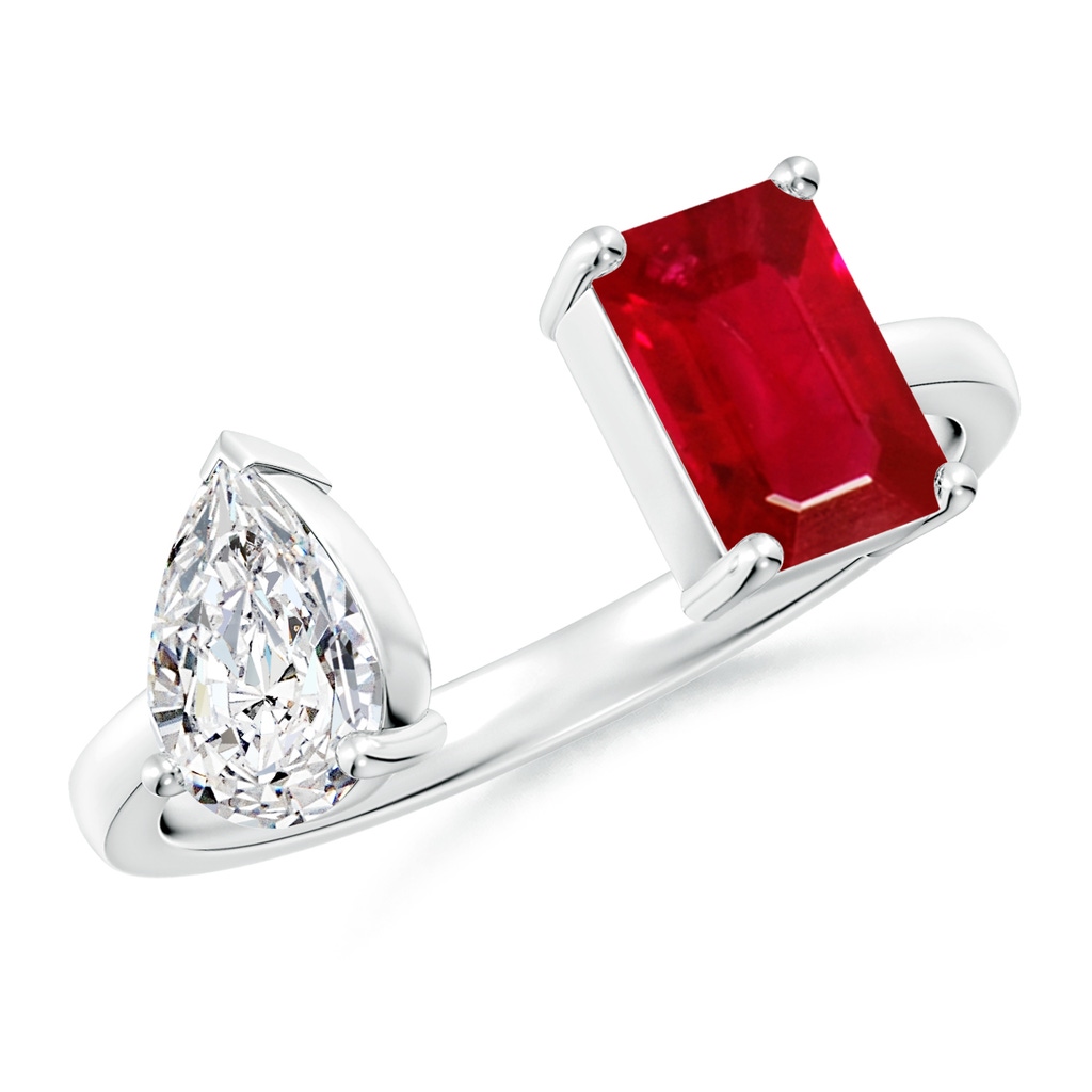 7x5mm AAA Two-Stone Emerald-Cut Ruby & Pear Diamond Open Ring in White Gold