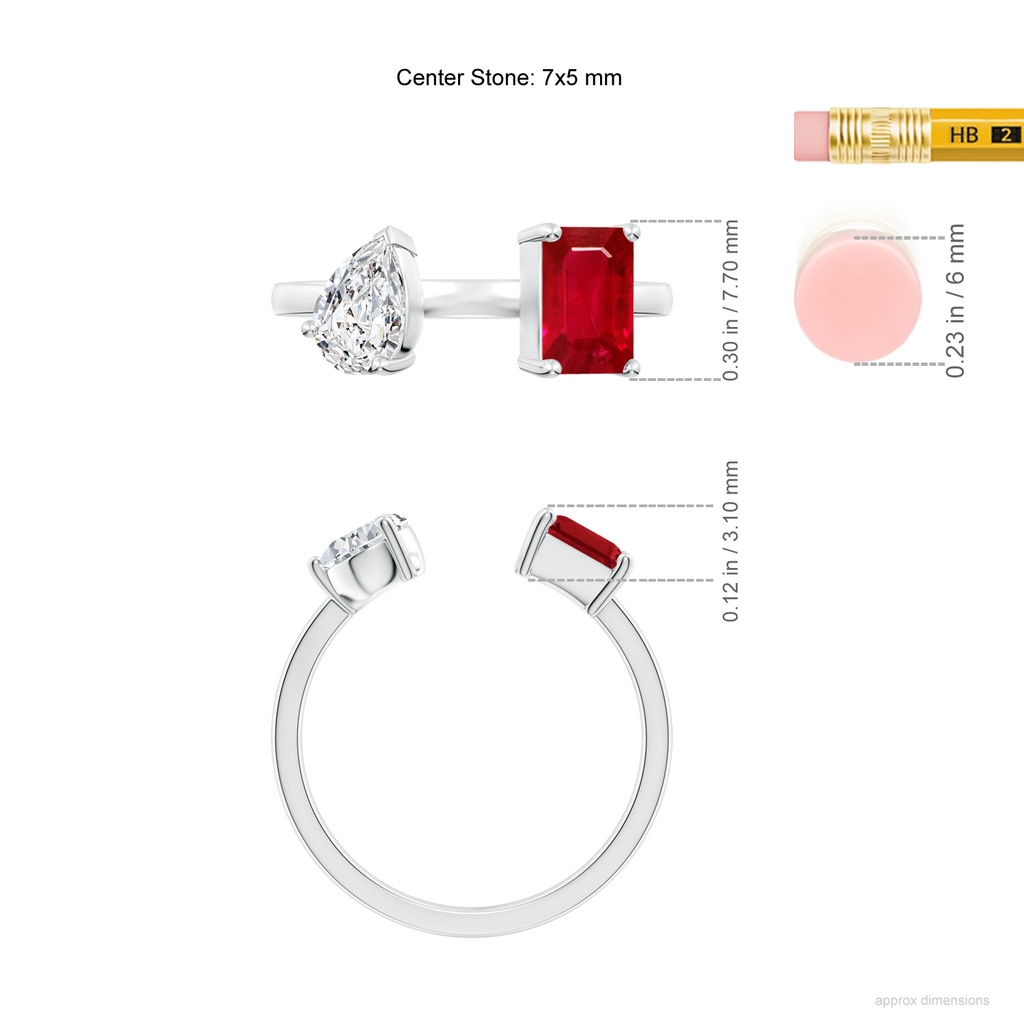 7x5mm AAA Two-Stone Emerald-Cut Ruby & Pear Diamond Open Ring in White Gold ruler