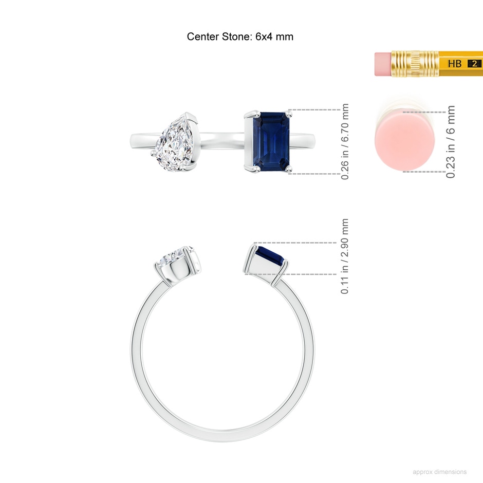 6x4mm AAA Two-Stone Emerald-Cut Blue Sapphire & Pear Diamond Open Ring in White Gold ruler