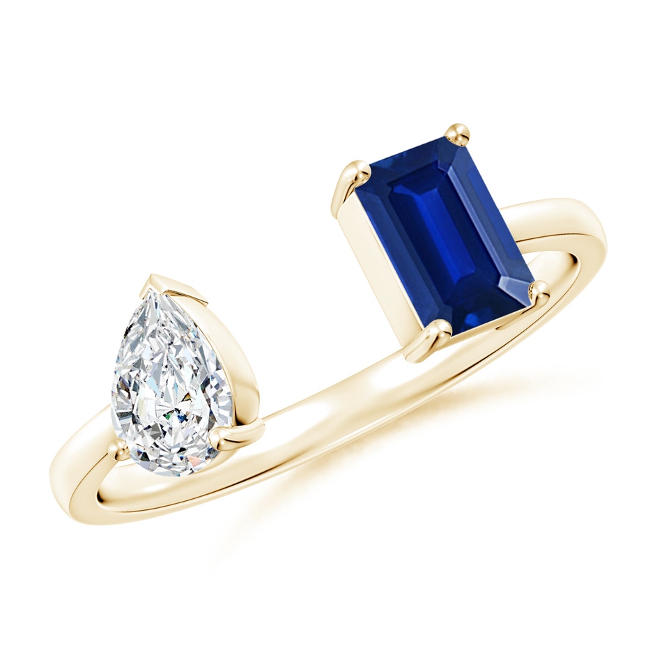 6x4mm Lab-Grown Two-Stone Emerald-Cut Blue Sapphire & Pear Diamond Open Ring in 9K Yellow Gold 
