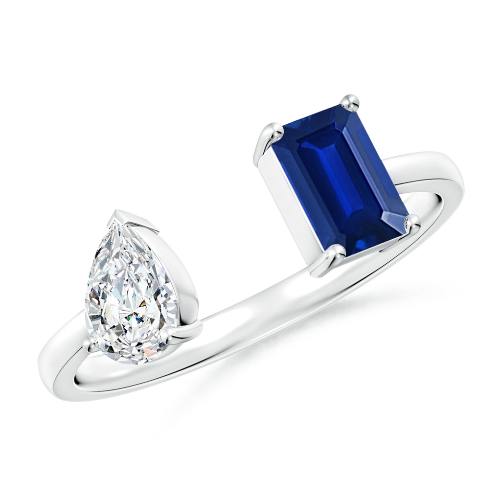6x4mm AAAA Two-Stone Emerald-Cut Blue Sapphire & Pear Diamond Open Ring in S999 Silver
