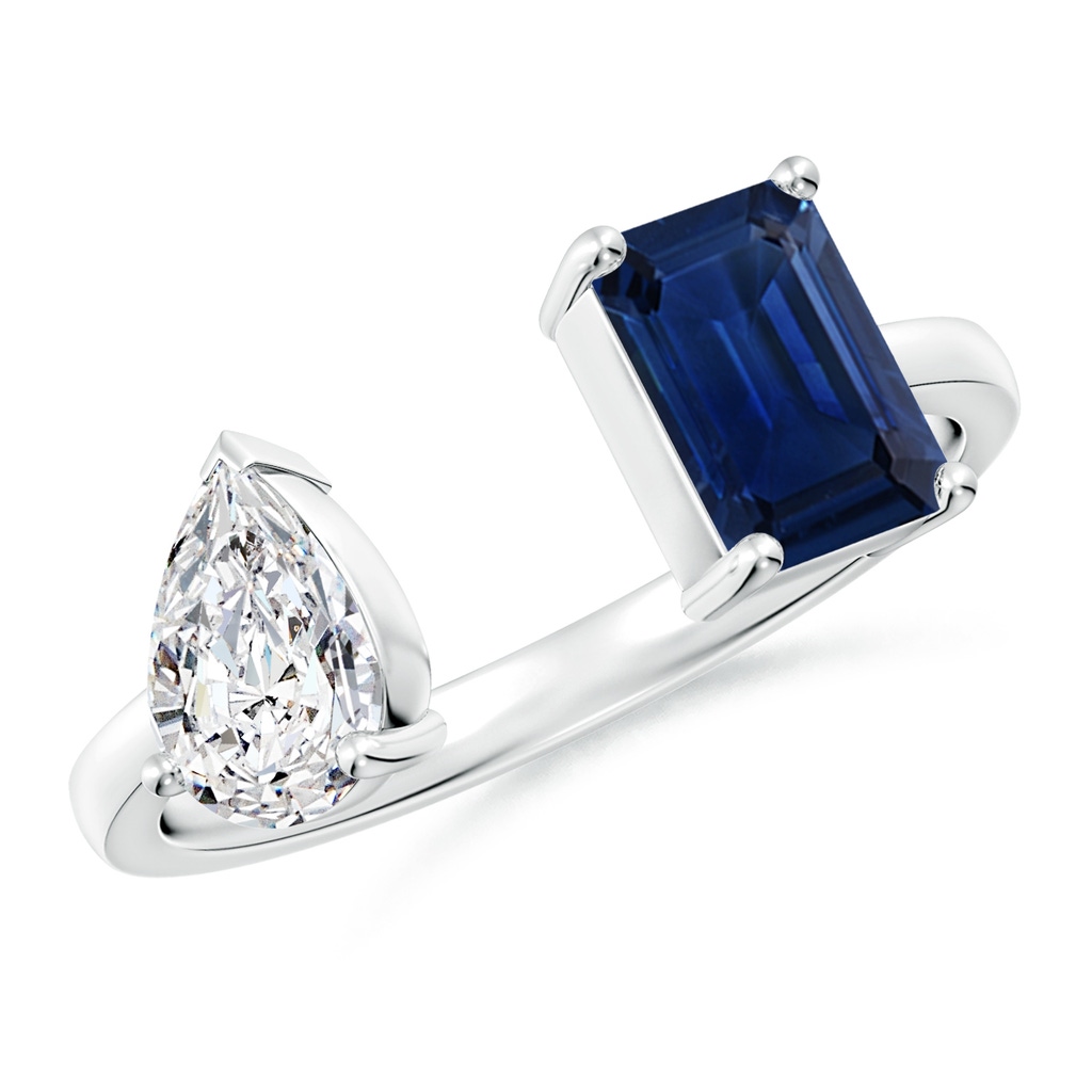7x5mm AAA Two-Stone Emerald-Cut Blue Sapphire & Pear Diamond Open Ring in White Gold