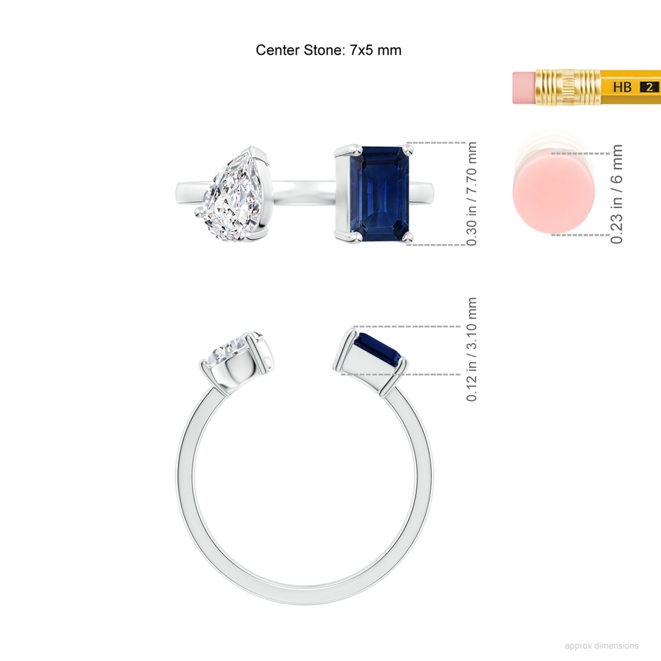 7x5mm AAA Two-Stone Emerald-Cut Blue Sapphire & Pear Diamond Open Ring in White Gold ruler