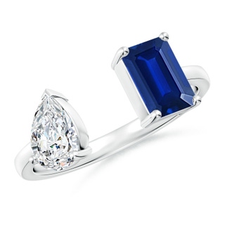 7x5mm AAAA Two-Stone Emerald-Cut Blue Sapphire & Pear Diamond Open Ring in P950 Platinum