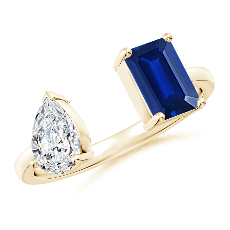 7x5mm Lab-Grown Two-Stone Emerald-Cut Blue Sapphire & Pear Diamond Open Ring in Yellow Gold 