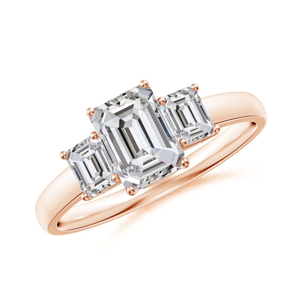 7x5mm IJI1I2 Emerald-Cut Diamond Three Stone Ring in Rose Gold