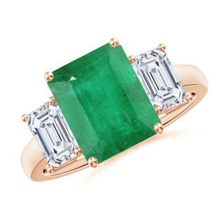 10x8mm A Emerald-Cut Emerald and Diamond Three Stone Ring in Rose Gold