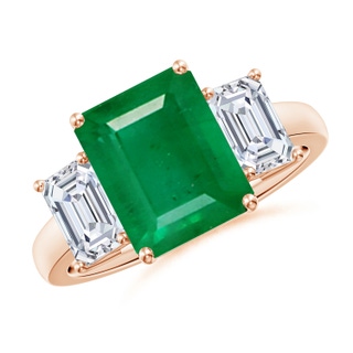 10x8mm AA Emerald-Cut Emerald and Diamond Three Stone Ring in Rose Gold