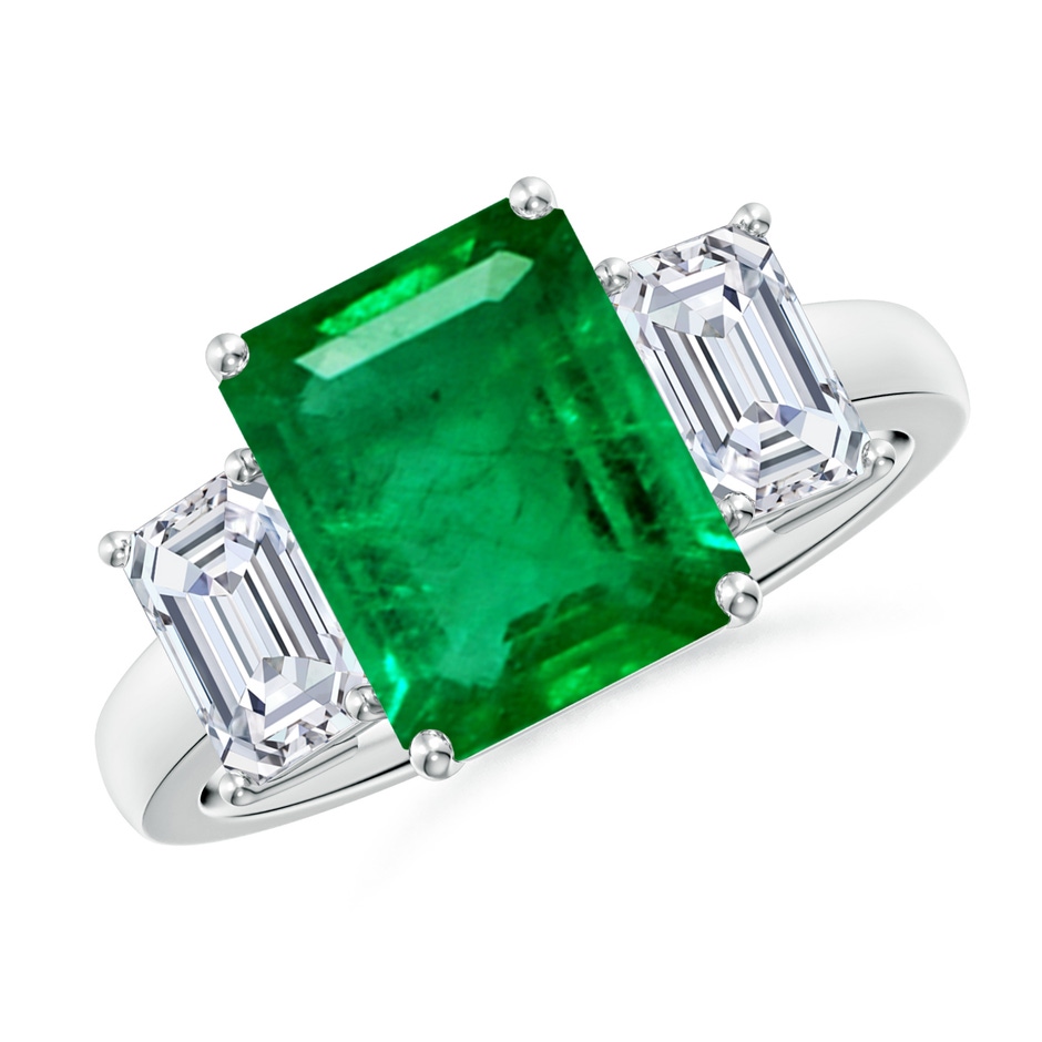 10x8mm AAA Emerald-Cut Emerald and Diamond Three Stone Ring in P950 Platinum 