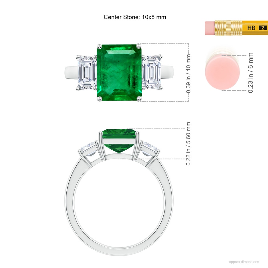 10x8mm AAA Emerald-Cut Emerald and Diamond Three Stone Ring in P950 Platinum ruler