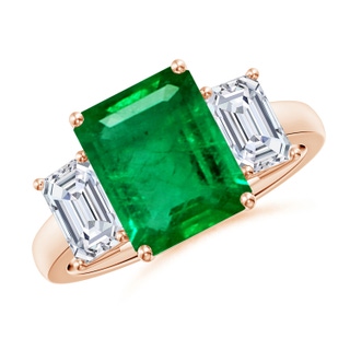 10x8mm AAA Emerald-Cut Emerald and Diamond Three Stone Ring in Rose Gold