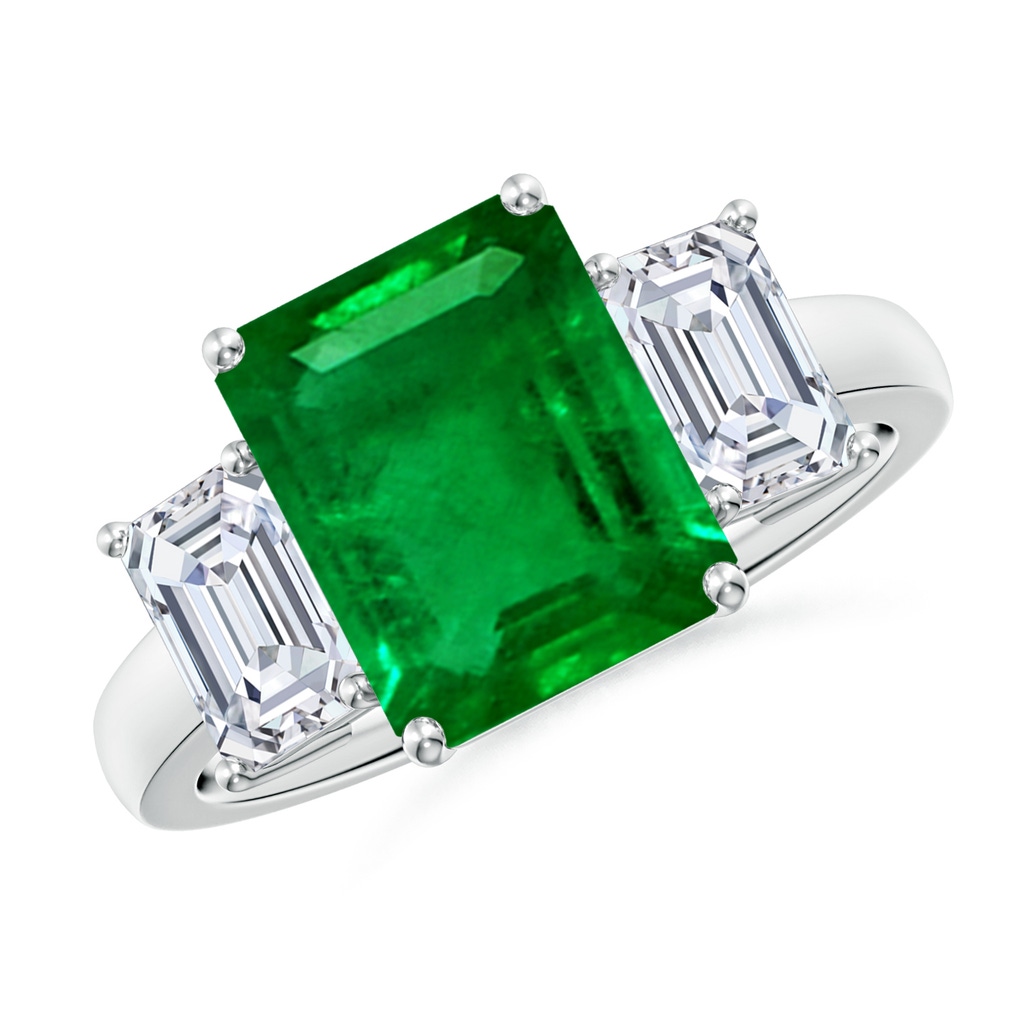 10x8mm AAAA Emerald-Cut Emerald and Diamond Three Stone Ring in P950 Platinum