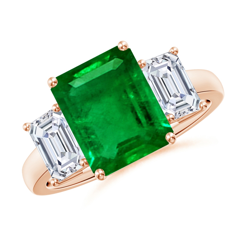 10x8mm AAAA Emerald-Cut Emerald and Diamond Three Stone Ring in Rose Gold