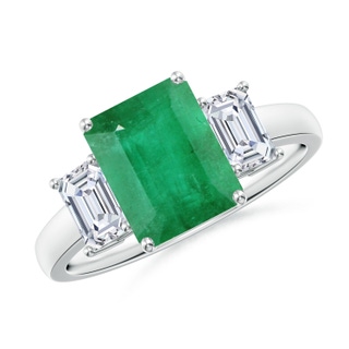 9x7mm A Emerald-Cut Emerald and Diamond Three Stone Ring in P950 Platinum