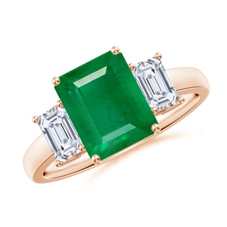 9x7mm AA Emerald-Cut Emerald and Diamond Three Stone Ring in Rose Gold