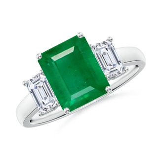 9x7mm AA Emerald-Cut Emerald and Diamond Three Stone Ring in S999 Silver