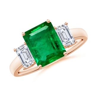 9x7mm AAA Emerald-Cut Emerald and Diamond Three Stone Ring in Rose Gold