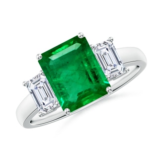 9x7mm AAA Emerald-Cut Emerald and Diamond Three Stone Ring in S999 Silver