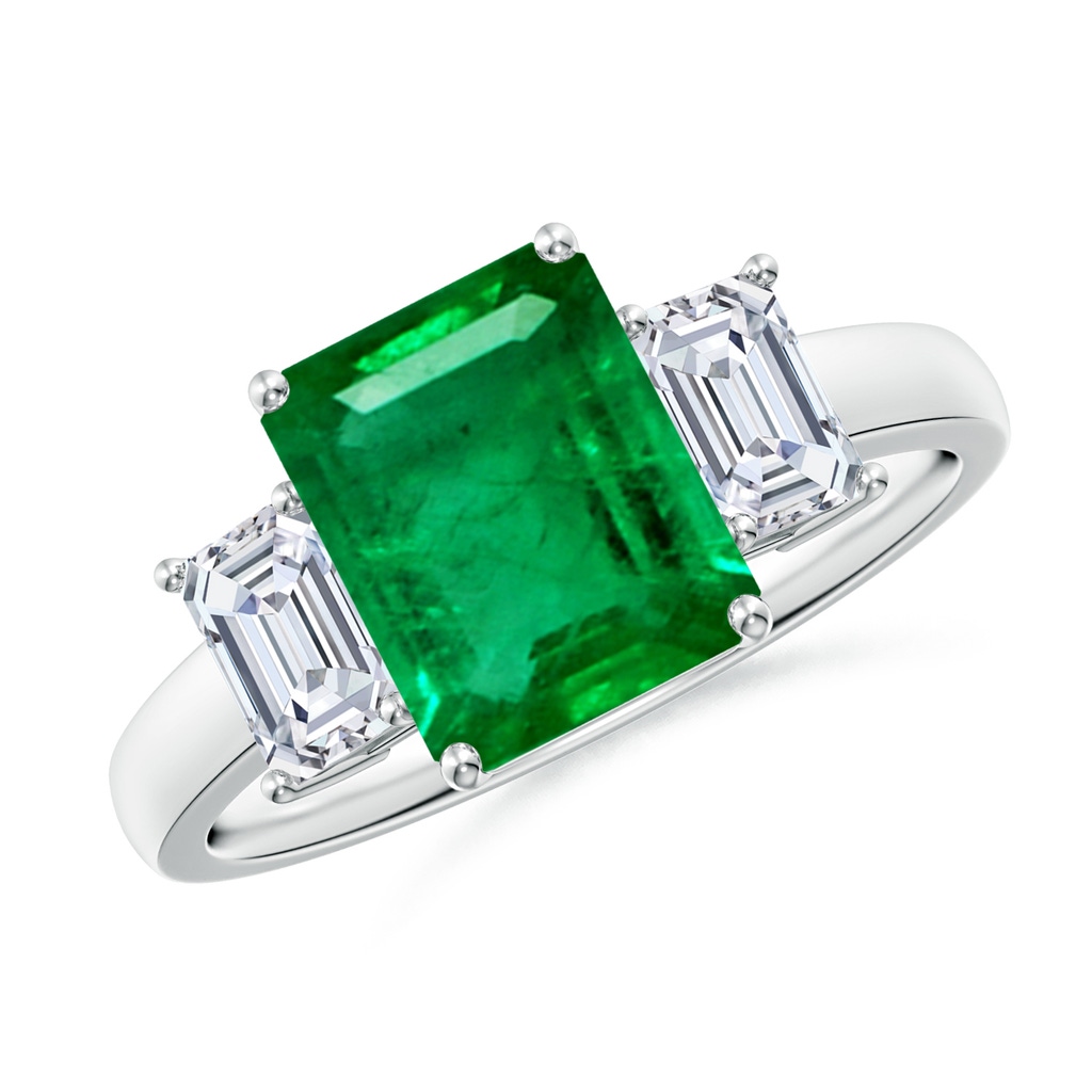 9x7mm AAA Emerald-Cut Emerald and Diamond Three Stone Ring in White Gold