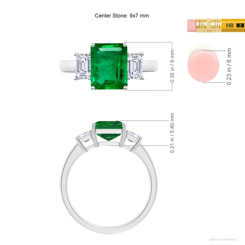 9x7mm AAA Emerald-Cut Emerald and Diamond Three Stone Ring in White Gold ruler