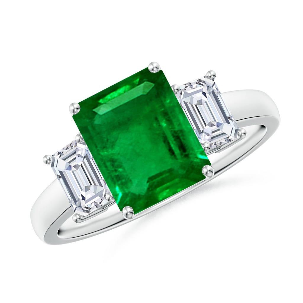 9x7mm AAAA Emerald-Cut Emerald and Diamond Three Stone Ring in P950 Platinum 