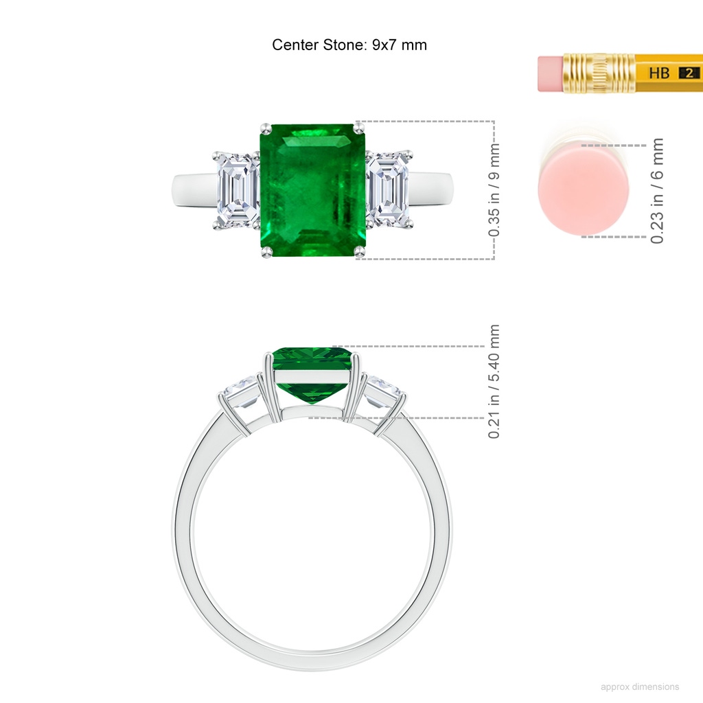 9x7mm AAAA Emerald-Cut Emerald and Diamond Three Stone Ring in P950 Platinum ruler