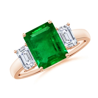 9x7mm AAAA Emerald-Cut Emerald and Diamond Three Stone Ring in Rose Gold