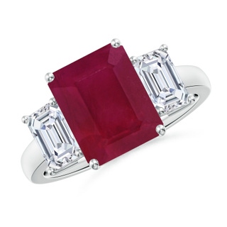 10x8mm A Emerald-Cut Ruby and Diamond Three Stone Ring in P950 Platinum