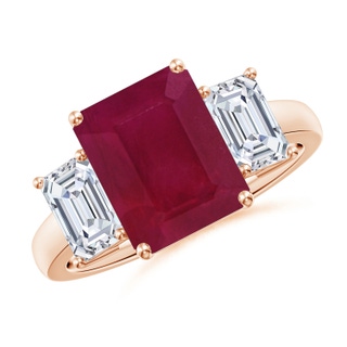 10x8mm A Emerald-Cut Ruby and Diamond Three Stone Ring in Rose Gold