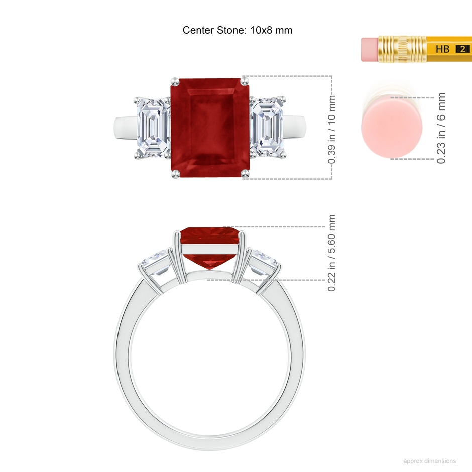 10x8mm AA Emerald-Cut Ruby and Diamond Three Stone Ring in White Gold ruler