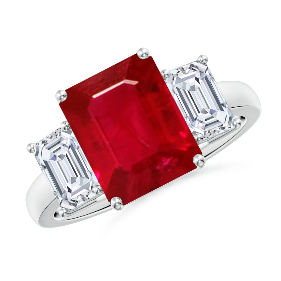 10x8mm AAA Emerald-Cut Ruby and Diamond Three Stone Ring in P950 Platinum 
