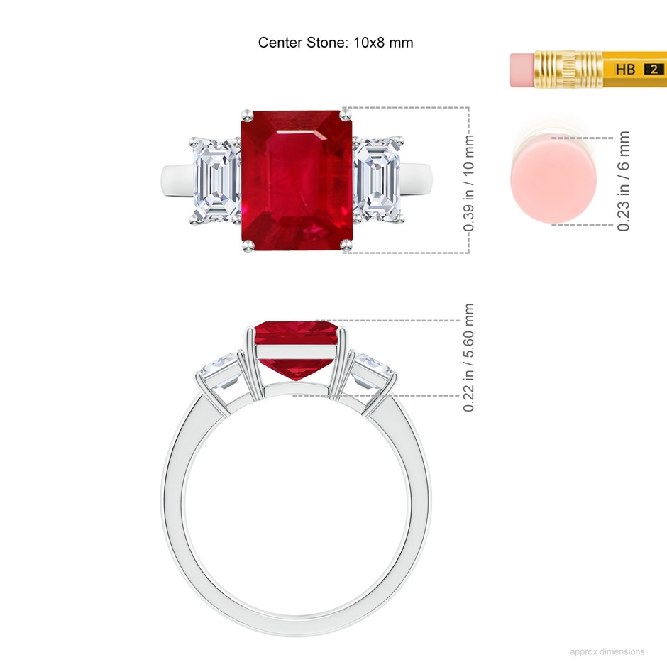 10x8mm AAA Emerald-Cut Ruby and Diamond Three Stone Ring in P950 Platinum ruler