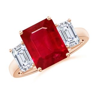 10x8mm AAA Emerald-Cut Ruby and Diamond Three Stone Ring in Rose Gold