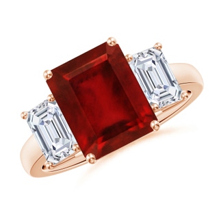 10x8mm AAAA Emerald-Cut Ruby and Diamond Three Stone Ring in Rose Gold