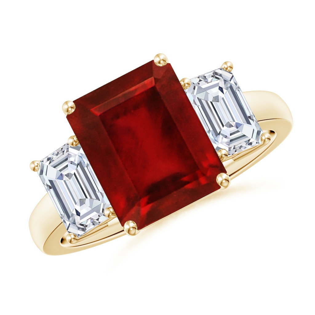 10x8mm AAAA Emerald-Cut Ruby and Diamond Three Stone Ring in Yellow Gold