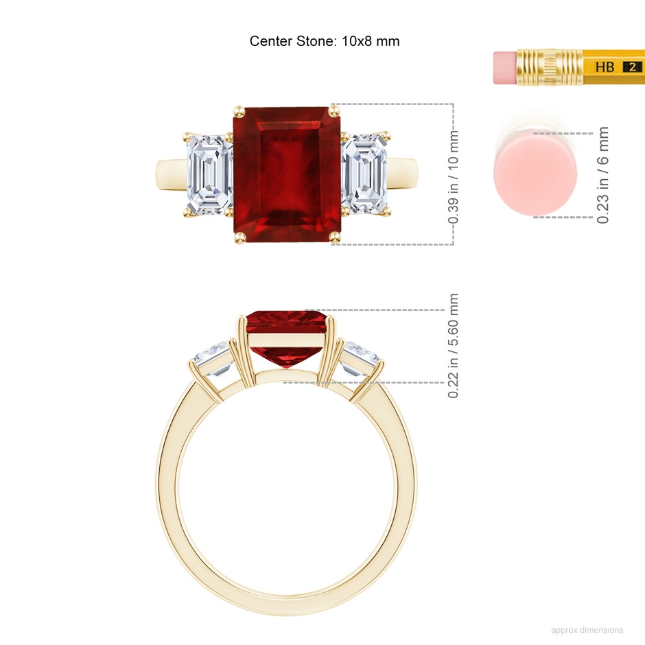 10x8mm AAAA Emerald-Cut Ruby and Diamond Three Stone Ring in Yellow Gold ruler