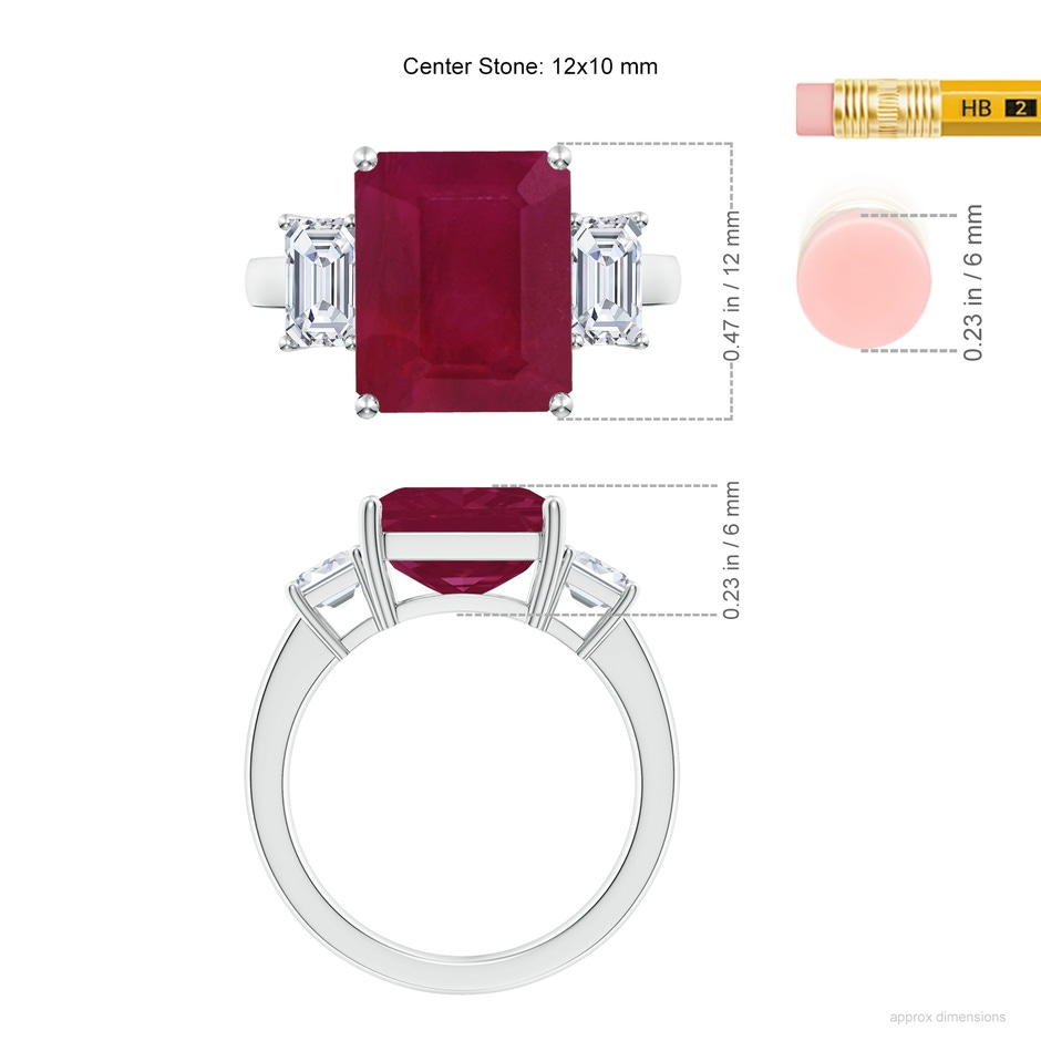 12x10mm A Emerald-Cut Ruby and Diamond Three Stone Ring in P950 Platinum ruler