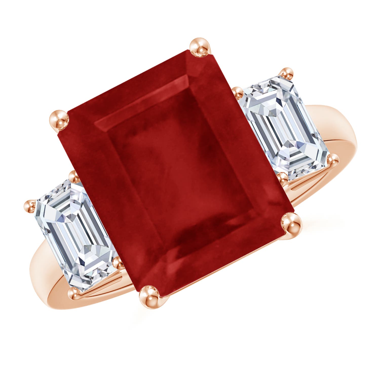 Angara 7.55 CTW Emerald-Cut Ruby and Diamond Three Stone Engagement Ring in 14K Rose Gold